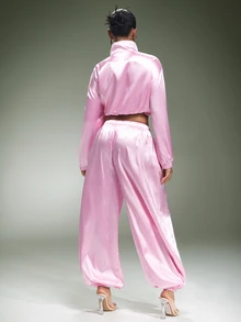 Denimoi Satin Jogger Fashion Joggers Cool Girl Style Fashionable Streetwear, Co-Ord Set - Pink - View 4