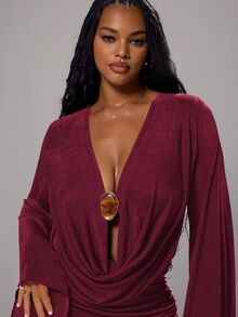 Rustia Fashionable Cowl Neck Bodycon Ruched Sexy Elastic Dress Fall Christmas - Burgundy - View 6