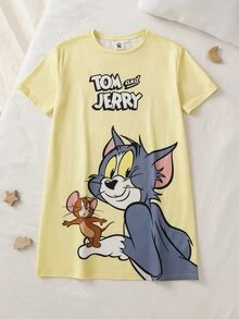 TOM & JERRY X SHEIN Tween Girl Cartoon Print Short Sleeve Loungewear Dress TOM & JERRY - Yellow - View 1