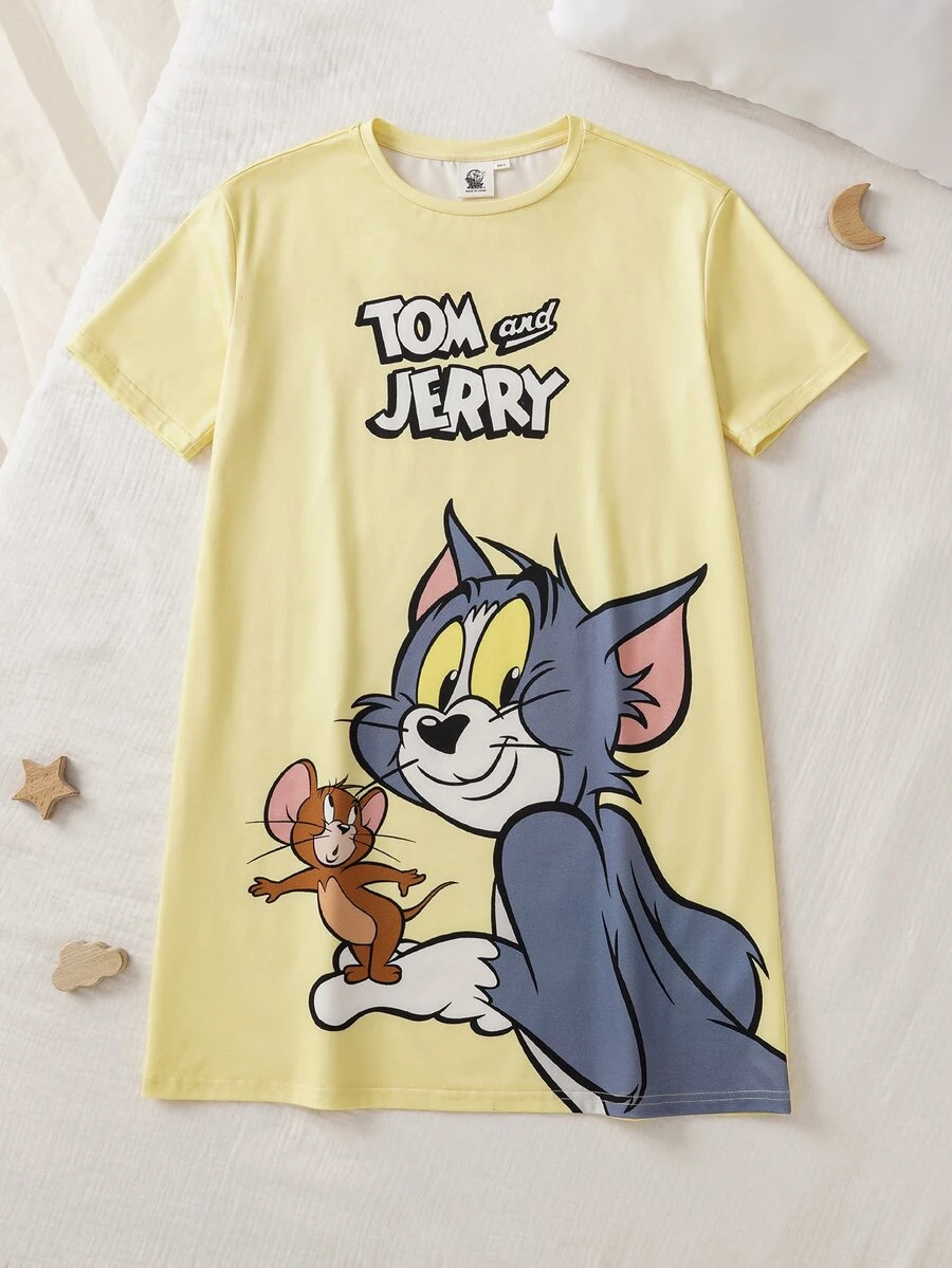 TOM & JERRY X SHEIN Tween Girl Cartoon Print Short Sleeve Loungewear Dress TOM & JERRY - Yellow - View 1