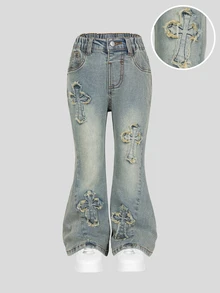 SHEIN Girls' Vintage Washed Flared Jeans, Elastic Waistband, Frayed Cross Patchwork Decor, Retro Distressed Loose Flare Denim Pants, Suitable For Toddlers, Street Style, Perfect For Girls' Daily Play And Casual Occasions In Spring And Autumn - Blue - View 1