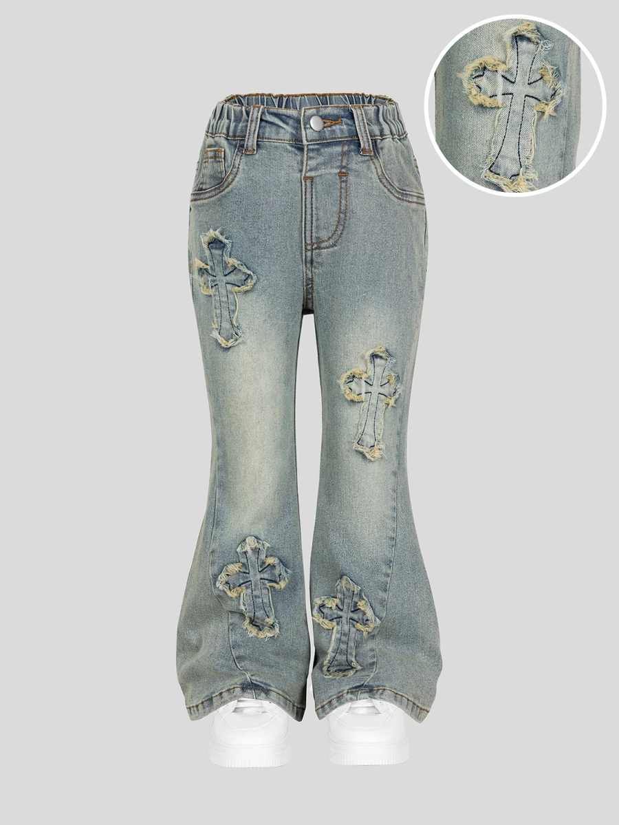 SHEIN Girls' Vintage Washed Flared Jeans, Elastic Waistband, Frayed Cross Patchwork Decor, Retro Distressed Loose Flare Denim Pants, Suitable For Toddlers, Street Style, Perfect For Girls' Daily Play And Casual Occasions In Spring And Autumn - Blue - View 1