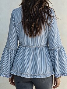 Linhara CURVE Blus Wanita LUMIGAL Leher V Bergaris Lipit Kasual Serbaguna untuk Aktivitas Sehari-hari - Blue and White - View 2