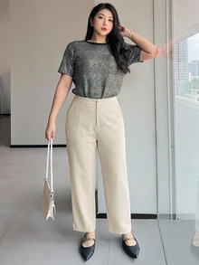 Dazy Plus 純色休閒趣味通勤辦公穿搭九分休閒長褲 - 杏色 - 查看 5