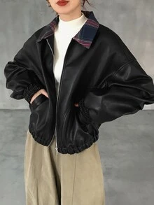 FRIFUL Women's Elegant PU Material Long Sleeve Jacket With Pockets And Zipper - Black - View 4