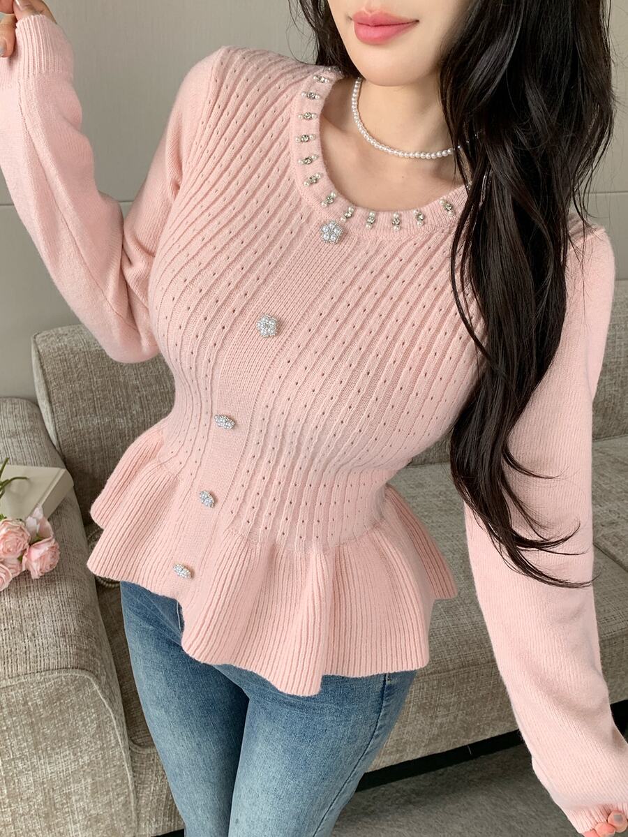 Modelyn Sweater Lengan Panjang Wanita Warna Polos Kasual Serbaguna untuk Pemakaian Sehari-hari - Berwarna merah muda - View 1