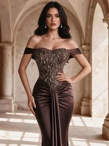 Coutiva Women's Patchwork Sequin Off-Shoulder Mermaid Hemline Glamorous Formal Evening Gown - Brown - View 6