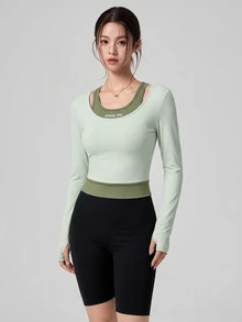 DAZY Women's 2 In 1 Patchwork Casual Daily Sports T-Shirt - Green - View 3