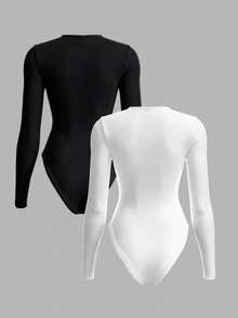 SHEIN BASICS Women's Minimalist Solid Color Long Sleeve Bodysuit 2 Pieces Set - Black and White - View 4