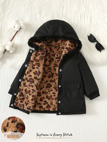 Cozy Pixies 女嬰休閒日常舒適豹紋抓絨內裡連帽前開襟加厚針織冬季外套 - 黑色 - 查看 8