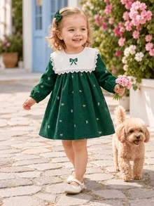 Souflis Souflis 幼女 A 字裙 可愛甜美 深綠色 蕾絲蝴蝶結印花 百褶長袖圓領 常規款 生日派對 秋季保暖 公主學院風 - 彩色 - 查看 8