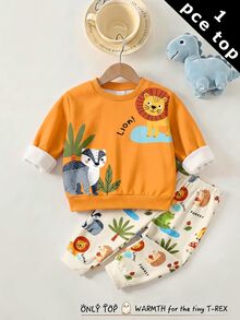 嬰幼兒圓領休閒套頭運動衫，經典可愛手繪卡通動物印花，獅子與浣熊卡通角色印花，適合秋冬穿著 - 彩色 - 查看 2