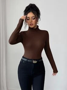 Elenzga 女款拼接高領修身長袖對比色連身衣，秋冬款 - 棕色 - 查看 3
