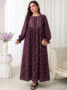 Al Najma Plus Size Women's Floral Pattern Button Design Pocket Arabian Dress - Burgundy - View 5