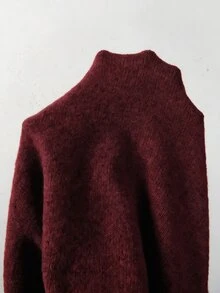 SHEIN 秋冬女款單肩針織鬆垮毛衣，寬袖寬鬆版型，柔軟舒適保暖針織衫 - 酒紅色 - 查看 8