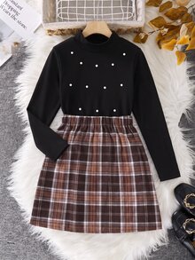 SHEIN Casuvi Kids 少女秋季彈性針織小高領上衣格紋裙套裝 2件式校園學院風服飾 - 棕色 - 查看 6