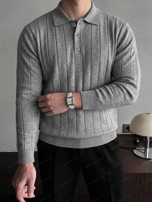 DAZY Men's Grey Polo Collar Ribbed Sweater, Autumn/Winter - Grey - View 7