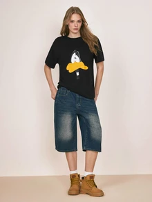 LOONEY TUNES X SHEIN Áo thun nữ tay ngắn in họa tiết hoạt hình phong cách thường ngày - màu đen - Xem 5