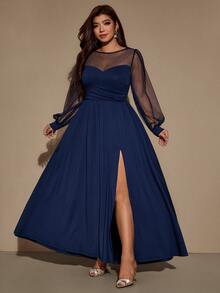 Velvienne Plus Size Women's Fall/ New Solid Color Mesh Patchwork Side Slit Dress, Party Cocktail Gathering Wedding Formal Dress Navy Blue Elegant - Navy Blue - View 4