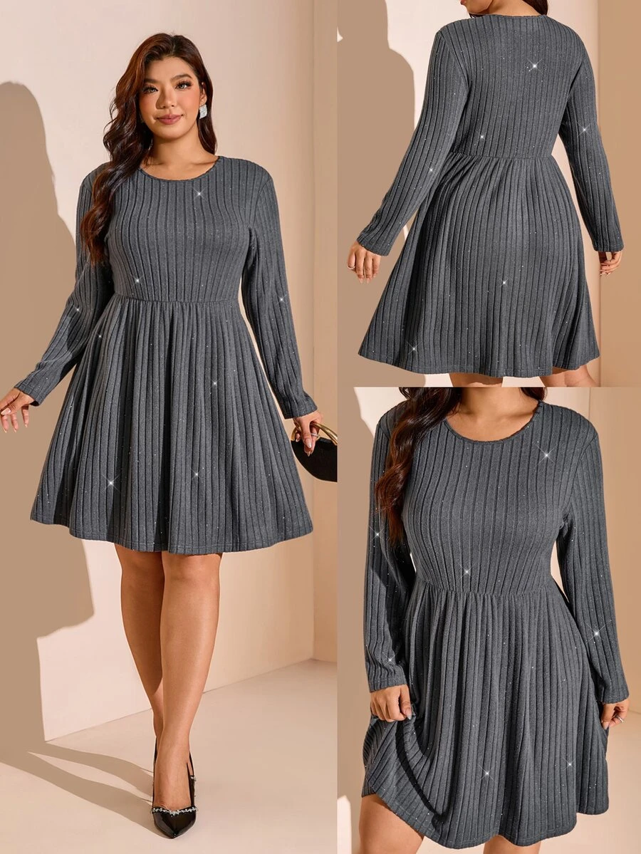 SHEIN LUNE Plus Size Women's Dress, All Season Long Sleeve Round Neck Umbrella Skirt Knee Length With Pockets Ribbed Shiny Casual Daily Party Fall - Grey - View 1