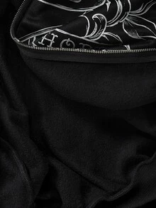 ROMWE Grunge Punk طقم من قطعتين للنساء، سويتشيرت بطبعة جمجمة على الطراز الياباني القديم مع ياقة من الفرو الصناعي - الأسود - مشاهدة 5