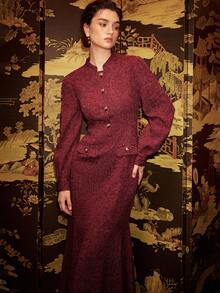 BELROSIE Gaun Panjang Wanita Elegan, Modis, Nyaman, dan Kasual dengan Desain Kancing Logam - Burgundy - View 7