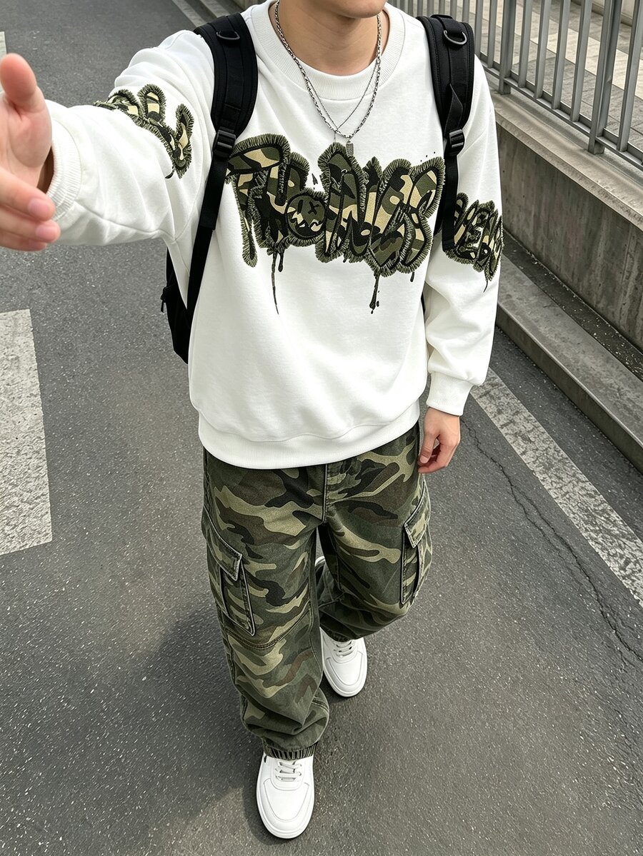 2件組青少年男孩圓領衛衣與迷彩工裝褲套裝,迷彩印花套裝,長袖上衣街頭風,適合假期派對,休閒舒適,春夏秋季穿著,柔軟舒適,男孩首選,時尚休閒套裝 - 軍綠色 - 查看 1