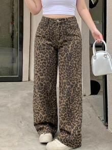 Dazy Plus Leopard Print All-Over Street Casual Y2k 90s Blogger Style Straight Leg Denim Jeans Going Out Birthday Brown - Khaki - View 3
