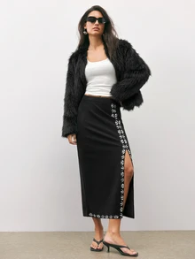 Maija Women's Slit Design Casual Versatile Daily Skirt - Black - View 5