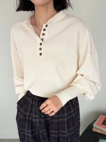 FRIFUL Women's Solid Color Button Half-Placket Drop Shoulder Long Sleeve Casual T-Shirt - Beige - View 1