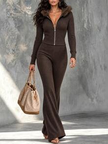 LUMIGAL Coffee Brown Hooded Fur Collar Zip-Up Short Jacket & Flared Long Pants, Casual Versatile 2 Pieces Set For Women, Autumn/Winter - Coffee Brown - View 1