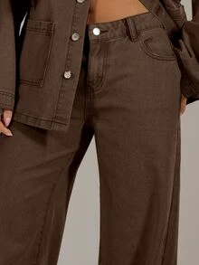 Musera Petite Washed Low Rise Baggy Denim Jeans Autumn Winter Back To School Daily Everyday - Coffee Brown - View 3
