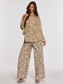 Opulessa Women's Animal Print Contrast Button Shirt And Drawstring Waist Loose Pants 2 Pieces Set - Brown - View 1