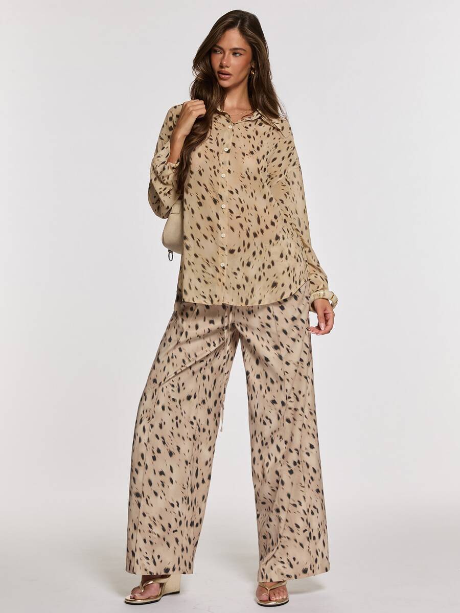 Opulessa Women's Animal Print Contrast Button Shirt And Drawstring Waist Loose Pants 2 Pieces Set - Brown - View 1
