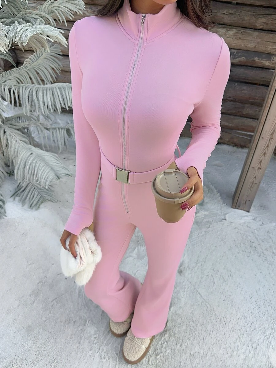 SHEIN EZwear 女款純色休閒日常長袖連身褲 - 粉色 - 查看 1