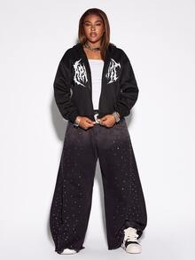 ROMWE Street Life Plus Size Women's Sequin Effect Street Letter Zip-Up Sweatshirt - Black - View 7