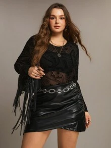 Freevana Plus Size Women Solid Color Pleated Casual Versatile Daily Wear Skirt - Black - View 6