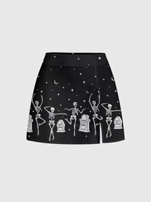 ROMWE Goth [Peiyi]Dark Mysterious Forest Print Sexy Split Mini Skirt For Women - Black - View 1