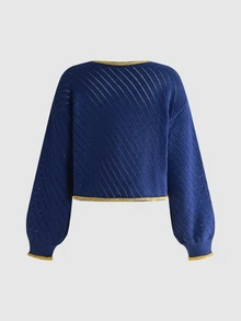ROMWE Vintage Court Style Jacquard Woolen Navy Blue Contrast Gold Frog Button Women's Cardigan - Navy Blue - View 2
