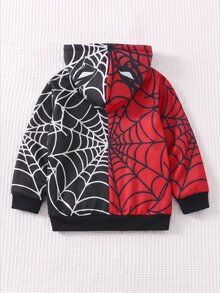 SHEIN Young Boy Autumn/Winter Red & Black Contrast Spider Pattern Hooded Zip-Up Sweatshirt, Suitable For Autumn/Winter, Outings, School, Kindergarten, Christmas, New Year, Gift - Multicolor - View 6