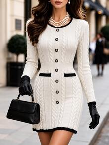 Elenzga Women's Autumn/Winter Vintage Cable Knit Colorblock Elegant Slim Fit Sweater Dress - Beige - View 1