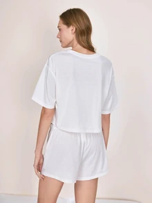 LOONEY TUNES X SHEIN Women's Round Neck Short Sleeve Top And Shorts Pajama Set LOONEY TUNES - White - View 2