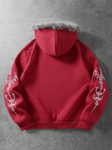 ROMWE MEN Men's Gothic Pattern Plush Patchwork Casual Versatile Hoodie - Red - View 2