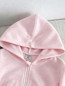 SHEIN Tween女孩寬鬆休閒基礎極簡舒適街頭風連帽修身前短款長袖冬季夾克 白色秋季 - 粉色 - 查看 6
