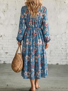 Hansera Elegant Floral Print V-Neck Long Sleeve Dress For Middle-Aged Women, Suitable For Outings And Vacations - Multicolor - View 2