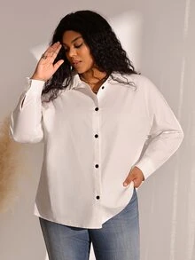 BrightlyHer Plus Size White Button Front Shirt Collar Extra Long Sleeve Blouse Elegant Office Fall Winter 2026 - White - View 3