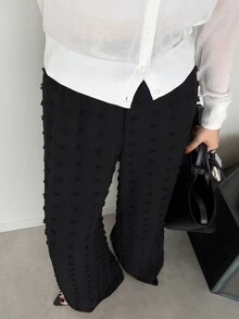 DAZY Women's Solid Color Elastic Waist Textured Wide Leg Long Pants - Dark Grey - View 3