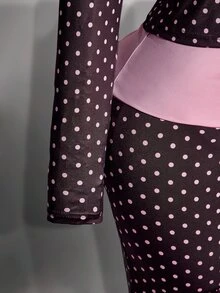 SHEIN ICON طقم كاجوال 2 في 1 بمقاس كبير بتصميم فينتاج Y2K بنقاط بولكا وألوان متباينة وردي وبني - بني مخاوي - مشاهدة 3
