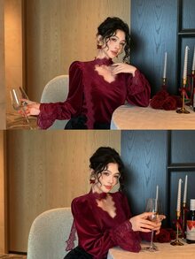 DAZY Women's Loose Blouse With Eyelash Lace Trim, Ribbon And Bell Sleeves - Burgundy - View 3