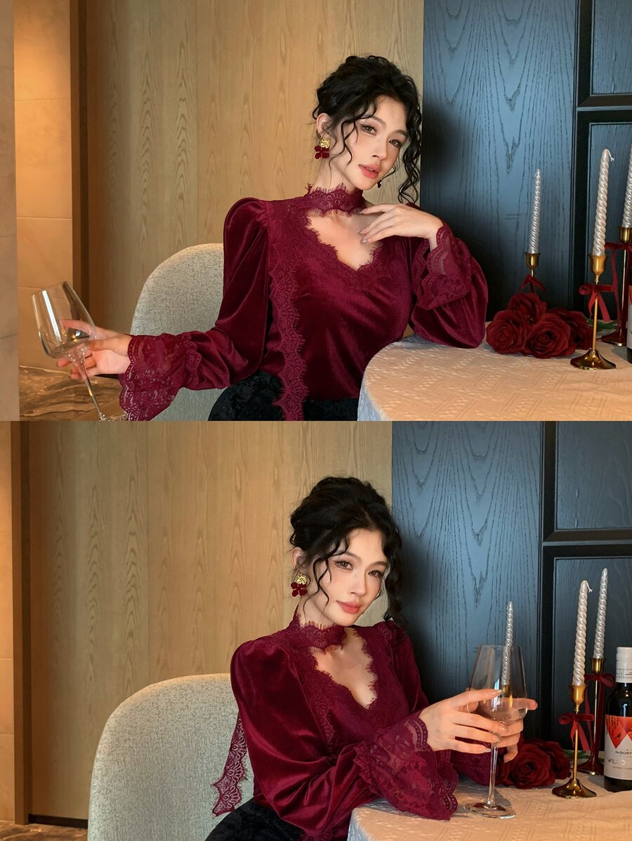 DAZY Women's Loose Blouse With Eyelash Lace Trim, Ribbon And Bell Sleeves - Burgundy - View 1